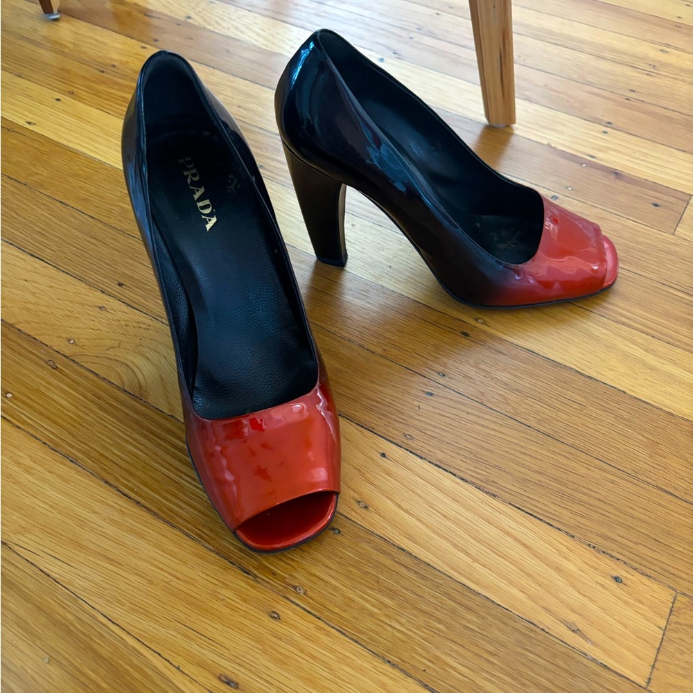 Black and Red Prada Peep Toes, 4-inch Heel